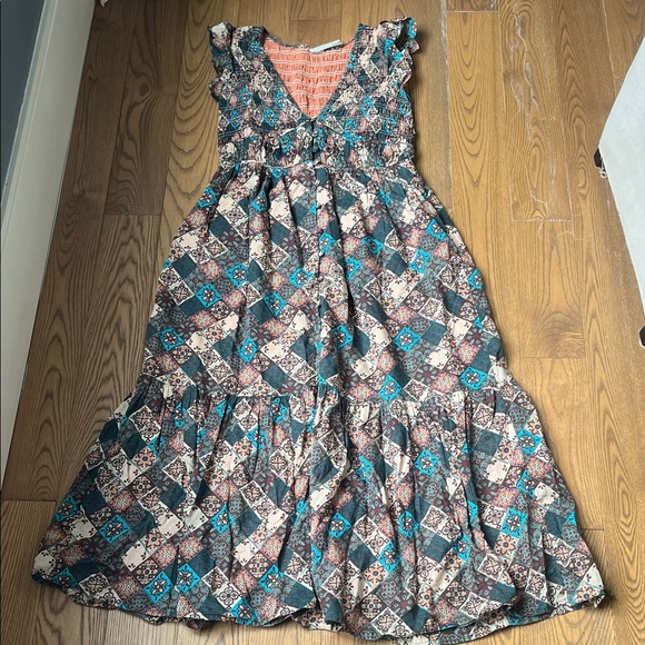 Anthropologie Maxi Dress in Teal and Brown Patchwork - Picture 3 of 6